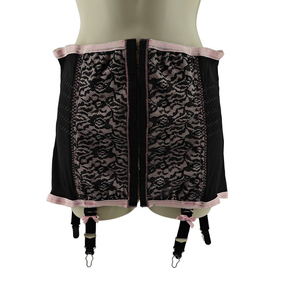 Vintage Torrid Black Lace Baby Pink Waist Cincher with Detachable Garter Plus 1X